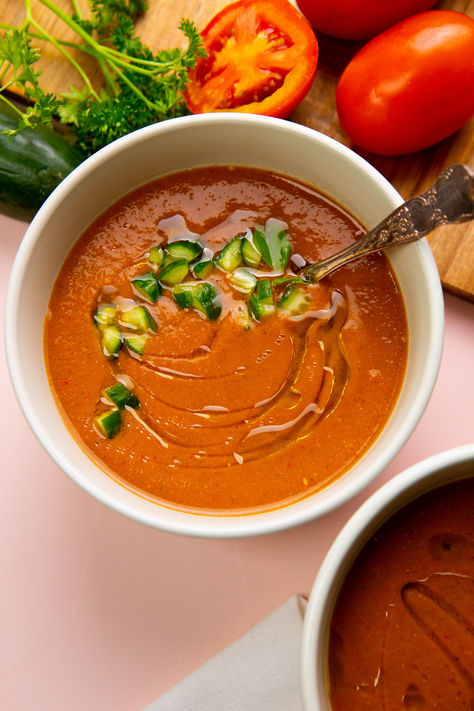 Experience the taste of Spain with our Gaspacho recipe (Spanish Gazpacho), a delightful Spanish cold soup made with raw vegetables that will chill you down Spanish Gazpacho, Cold Soup Recipes, Cold Soup, Raw Vegetables, Gazpacho, The Taste, Soup Recipe, Soup Recipes, Spain