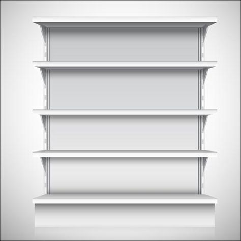 Shop Shelves, Supermarket Shelves, Store Shelves, Retail Store, Mockup, White Background, Bookcase, Design Ideas, Vector Illustration