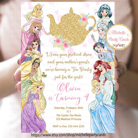 Princess Tea Party Birthday Invitations, Princess Tea Party Invitations, 3 Year Princess Birthday Party, Disney Princess Tea Party Birthday, Tea Party Princess Birthday, Tea For Three Birthday Party, Princess Tea Party Ideas, Disney Tea Party, Teaparty Birthday