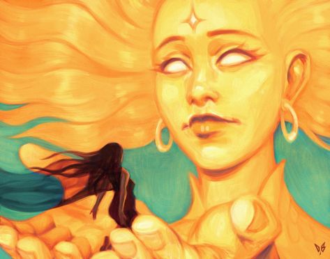 An art print featuring an original illustration, printed on high-quality photo paper with a matte, satin finish. Sun And Moon Concept Art, Ginger Oc Art, Sun God Character Design, Nonbinary Character Design, Sun God Art, Nonbinary Character, High Fantasy Art, Sun Oc, Sun And Moon Aesthetic