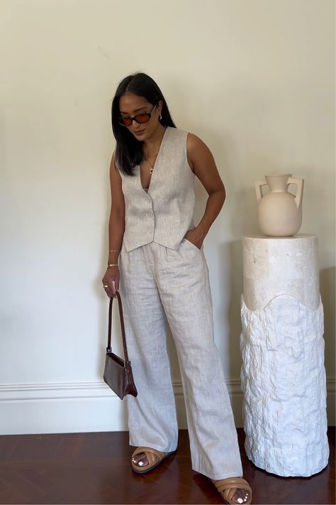 BANKS NATURAL LINEN VEST curated on LTK Tailored Pants And Vest Outfit, Vest With Pants Outfit, Beige Linen Trousers Outfit Summer, Linen Vest And Pants Outfit, Tailored Linen Pants Outfit, Linen Summer Set, Linen Vest Set, Beige Linen Vest Outfit, Vest Set Outfits For Women