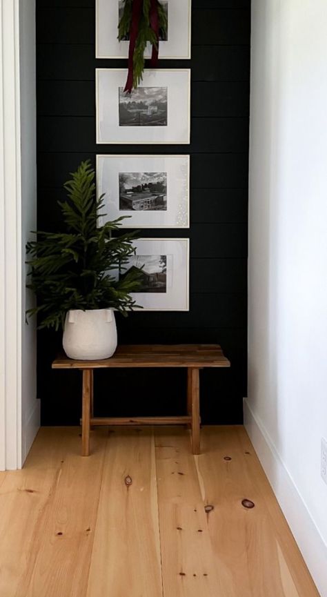 Accent Hallway Wall, Accent Hallway, Redo House, End Of Hallway, Hand Christmas Tree, Black Shiplap, Hallway Pictures, Winter Artwork, Black Accent Walls