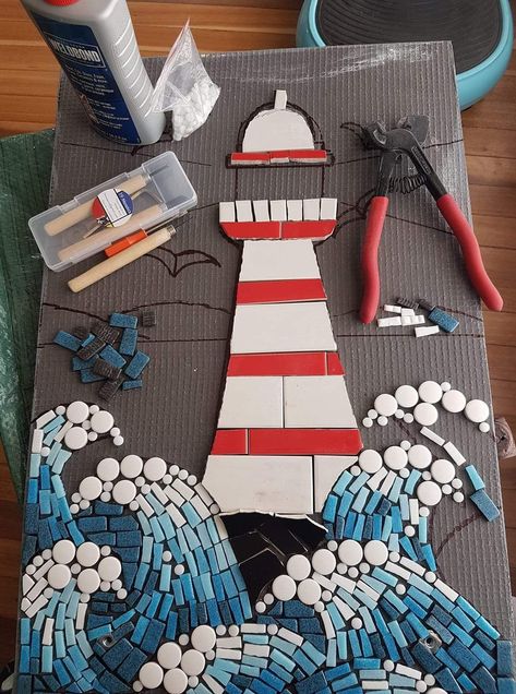 Tropical Mosaic Patterns, Beach Mosaic Ideas, Simple Mosaic Patterns, Mosaic Lighthouse, Mosaic Art For Beginners, Mosaic Sea Life, Modern Mosaic Art, Nautical Mosaic, Abstract Mosaic Art