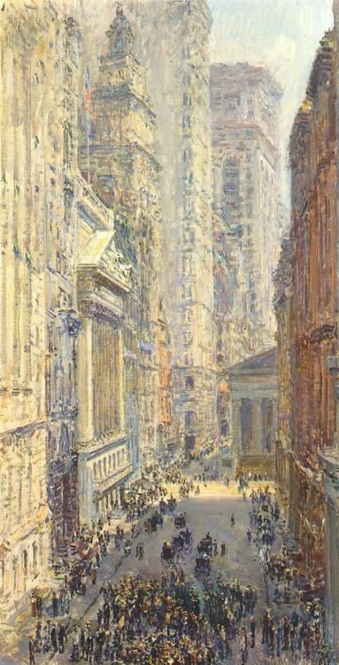 NYC. Childe Hassam (American, 1859-1935), Lower Manhattan (Broad and Wall Streets), 1907. Childe Hassam Paintings, Frederick Childe Hassam, Manhattan Art, American Impressionism, Childe Hassam, Mary Cassatt, Street Painting, Lower Manhattan, Oil Painting Reproductions