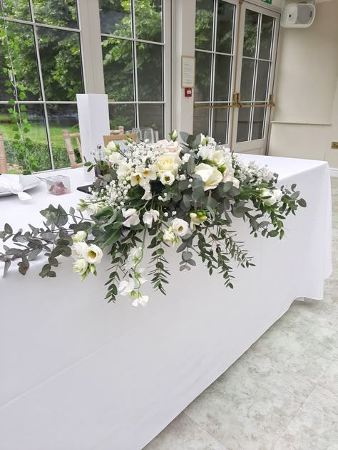 Eucalyptus Wedding Top Table, Table Flower Arrangements Eucalyptus, White And Green Wedding Flowers Centerpieces, Green Wedding Centrepiece, Eucalyptus Top Table, Cream And Green Flower Arrangements, White And Green Top Table Flowers, Wedding Flower Arrangements Eucalyptus, White Table Arrangements Wedding