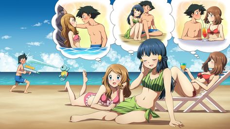 Beach Fantasies | Pokémon | Know Your Meme Ash X Serena Fan Art, Pokemon Ash X Serena, Pokemon Beach, Satoshi Pokemon, Lusamine Pokemon, Pokémon Serena, Ash X Serena, Pokémon Heroes, Pokemon Umbreon