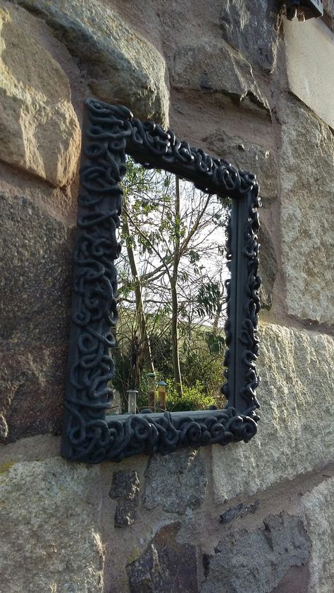 Paper Mache Mirror Frame, Papier Mache Mirror, Paper Mache Frame, Clay Mirror Frame, Paper Mache Mirror, Upcycled Mirror, Downstairs Ideas, Paper Mache Clay, 3d Mirror