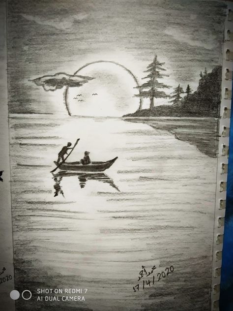 Boat On River Drawing, Boat On Water Drawing, Moon River Tattoo, Procrastination Art, Moon And Nature, Easy Pen Drawing, River Drawing, Water Sketch, Boat Sketch