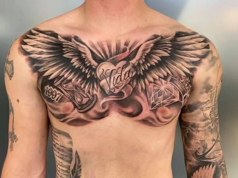 Eagle Wings Tattoo On Chest One Side Chest Tattoo, Wings Tattoo On Chest, Eagle Wings Tattoo, Chest Tattoo Design, Eagle Wing Tattoos, Wings Tattoos, Tattoo On Chest, Angel Wings Tattoo, Chest Tattoos