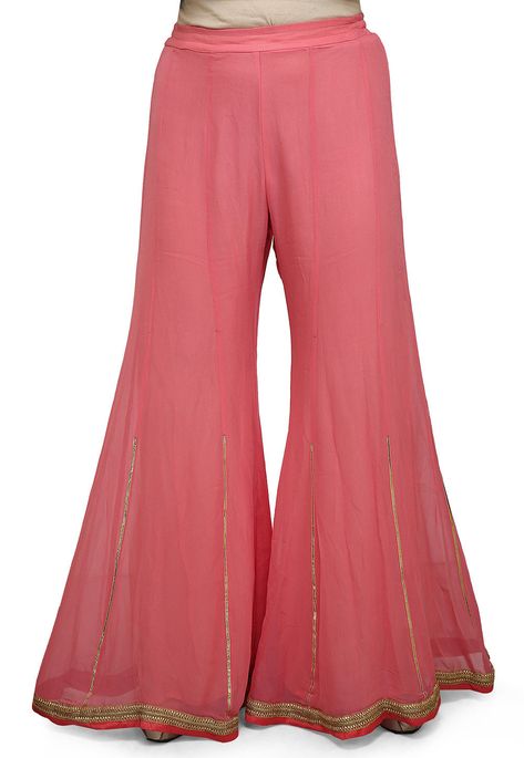 Faux Georgette Palazzo in Pink This Readymade Piece with Shantoon Lining is Beautifully Enhanced with Gota Patti Work ThePalazzo Waist is Elasticated and Adjustable with a Draw String Do Note: Slight Color may Vary Plazzo Designs, Plazo Designs, Georgette Palazzo, Plazo Pants, Women Trousers Design, Sharara Designs, Pant Design, Stylish Kurtis Design, Latest Dress Design