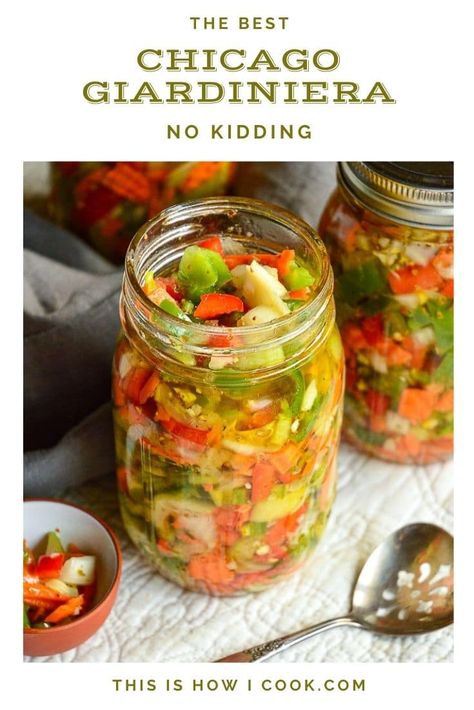 This spicy Italian vegetable relish tastes great on almost anything, though it is a must on Italian Beef or Chicago Style Red Hots! #relish #Italianrecipes #chicagorecipes Hot Giardiniera Recipe, Canning Giardiniera Recipe, Chicago Style Giardiniera Recipe, Princess Recipes, Giardiniera Recipe, Sweet Banana Peppers, Italian Vegetables, Italian Beef, Pickled Veggies