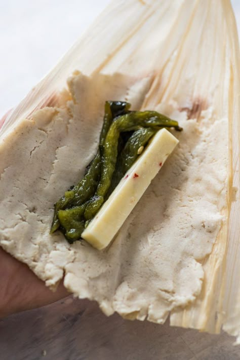 Filling tamales with poblano peppers and cheese (tamales de rajas y queso) Chili And Cheese Tamales, Green Chili And Cheese Tamales, Cheese Tamales Recipe, Cheese Tamales, Homemade Tamales Recipe, Vegetarian Tamales, Tamales Recipe, Homemade Tamales, Authentic Mexican Recipes