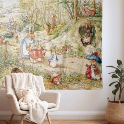 Beatrix Potter Kid's Room Nursery Wall Hanging Tapestry | Zazzle Beatrice Potter Nursery, Storybook Nursery Theme, Beatrix Potter Nursery, Storybook Nursery, Beatrix Potter Illustrations, Beatrice Potter, Peter Rabbit Nursery, Nursery Wall Hanging, Kids Interior Design