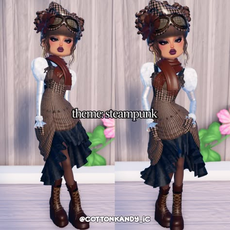 dress to impress theme steampunk outfit inspo no vip Steampunk Dress To Impress, Time Traveler Dress To Impress, Dress To Impress Outfits No Vip, Dress To Impress No Vip, Duo Dress, Vip Dress, Dti Hacks, Steampunk Dress, Dti Fits