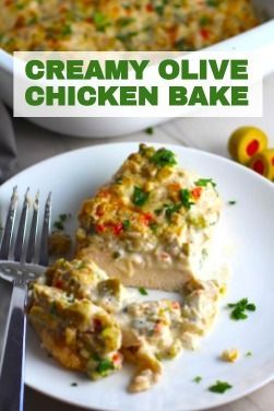 This Creamy Olive Chicken Bake is magnificently thick, creamy and infused with flavor from garlic and nutty Parmesan Cheese. The best part; however, is the salty and briny flavor kick from the green olives with a little sweetness from the pimiento. Baked in the oven, this Creamy Olive Chicken is super simple and takes a boring chicken breast over the top with flavor!! #chickenrecipes #chicken #chickendinner #olives #easydinner #easyrecipes #comfortfood Olive Chicken, Caramelized Onions And Mushrooms, Busy Mom Recipes, Greek Foods, Yummy Dishes, Chicken Bake, Easy Chicken Dinner Recipes, Fitness Community, Food Favorites