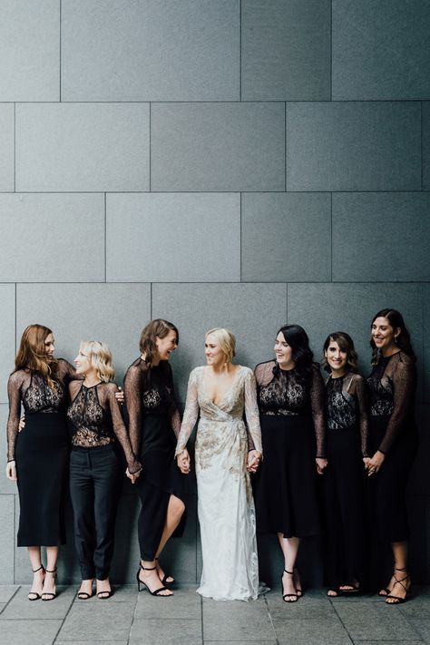 Best of 2017: Bridesmaids | black lace dresses and jumpsuits Bridesmaid Pants, Alternative Bridesmaid, Two Piece Bridesmaid Dresses, Wedding Dress Suit, Junior Bridesmaids, Bridal Party Outfit, St Georges, Bridesmaid Inspiration, Beautiful Bridesmaid Dresses