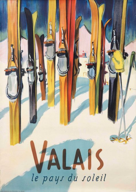 Libis (Herbert Libiszewski, 1897-1985)Valaislithograph, 1949, condition A-; not backed50 x 35½ in. (127 x 90 cm.) Ski Sign, Ski Vintage, Vintage Ski Posters, Ski Art, Summer Vacation Spots, Ski Posters, Adirondack Mountains, Retro Graphics, Retro Travel Poster