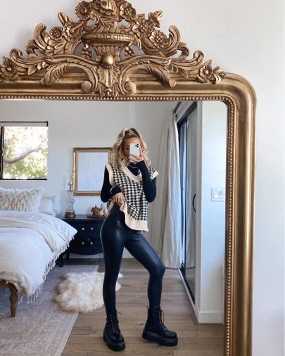 Boots, leggings, faux leather leggings, sweater vest Size M vest, size XS leggings, sized down a half size in the boots! @liketoknow.it #liketkit http://liketk.it/31TYT #LTKshoecrush #LTKstyletip #LTKunder100 Nyc Winter Fashion, Houndstooth Sweater Vest, Sweater Vest Outfit, Houndstooth Sweater, Cold Outfits, Vest Outfits, A Mirror, Epilator, Autumn Outfit