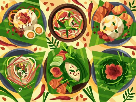 Food Packaging Illustration, Indonesian Food Illustration, Recipe Book Design, Book Illustration Design, Alpona Design, Cookbook Design, Story Books Illustrations, Vietnam Food, Food Patterns