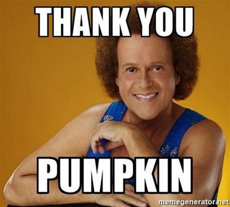 101 Thank You Memes - "Richard Simmons: Thank you pumpkin." Happy Birthday Pumpkin, Thank You Memes, Blonde Jokes, Richard Simmons, Funny Thank You, You Meme, College Humor, Meme Template, You Funny