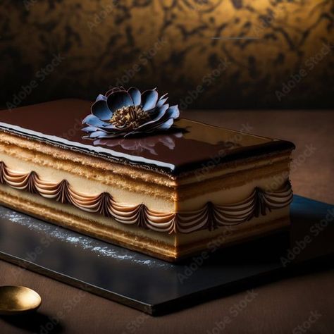 Cake Designs | Opera Cake is a classic French dessert | Facebook Phantom Of The Opera Cake, Opera Cake, Classic French Desserts, Cotton Cake, French Dessert, Ground Almonds, Dessert Ingredients, Baking Project, Sponge Cake