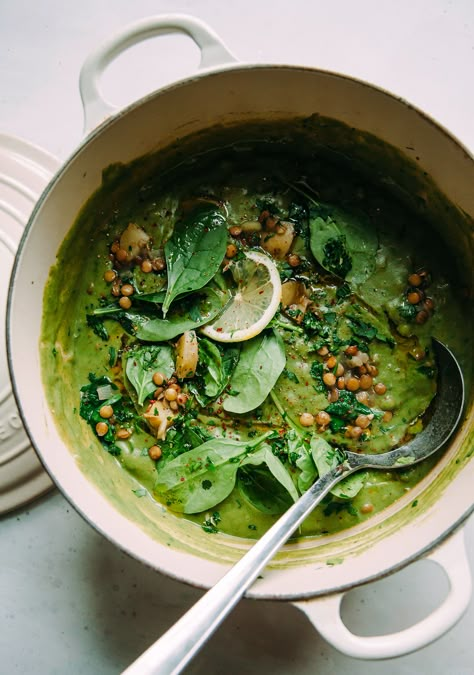 Deep Green Lentil Stew with Spinach, Tahini & Lemon (vegan) Green Lentil, Green Soup, Spinach Soup, Vegan Soup Recipes, Lentil Stew, Green Lentils, Idee Pasto Sano, Vegan Soup, Vegan Dinners