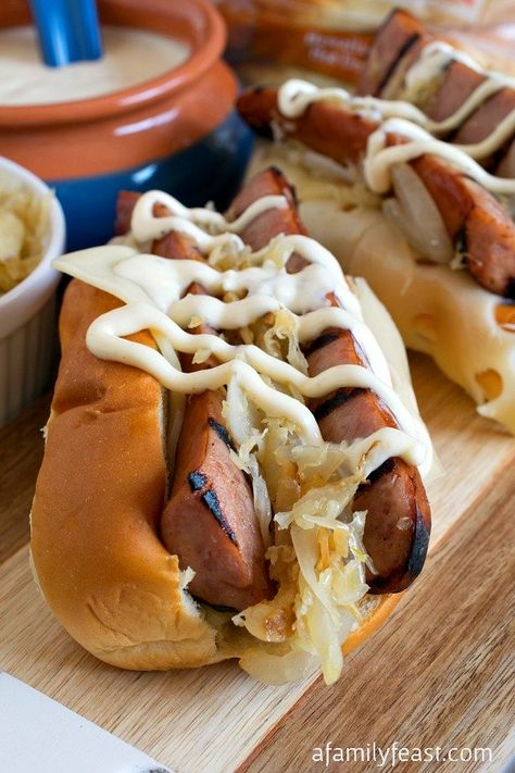 Grilled Kielbasa Rolls with White Barbecue Sauce - Grilled Kielbasa smothered in sauerkraut & onions, swiss cheese and zesty white barbecue sauce - all piled into a KING'S HAWAIIAN Hot Dog Roll! #MakeSummerSweet White Barbecue Sauce, Grilled Kielbasa, Polish Sausage Recipes, Family Feast Recipes, Brats Recipes, Sauerkraut Recipe, Kielbasa Recipes, Polish Sausage, Barbecue Sauce Recipes