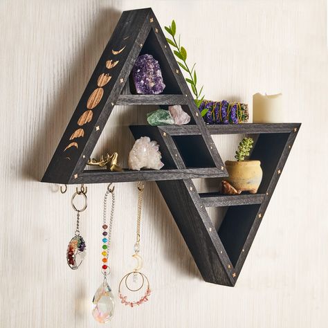 Witchy Shelf Decor, Crystal Wall Display, Crystals Storage Ideas, Zen Room Decor Ideas, Decorate Bedroom, Crystal Display Ideas Rock Collection, Crystal Display Ideas Decor, Crystal Display Ideas Diy, Spiritual Room Ideas