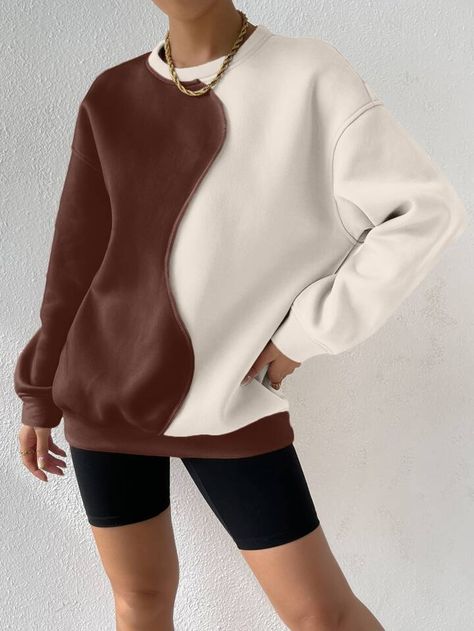 SHEIN EZwear Two Tone Drop Shoulder Sweatshirt | SHEIN USA Drop Shoulder Sweatshirt, Women Sweatshirts, Dropped Shoulder Sweatshirt, Sweet Shirt, Teenage Fashion Outfits, Crystal Collection, White Outfits, Long Sleeve Knit, Casual Outfit