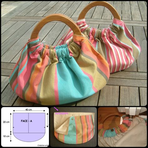 DIY of making your own gorgeous wooden handle bag. It could be used for a variety of purposes, such as a carryall for small items or as a summer bag. Dompet Koin Diy, Tas Denim, Wooden Handle Bag, Sac Diy, Diy Bag Designs, Diy Bags Patterns, Diy Bags Purses, Costura Diy, Tote Bags Sewing