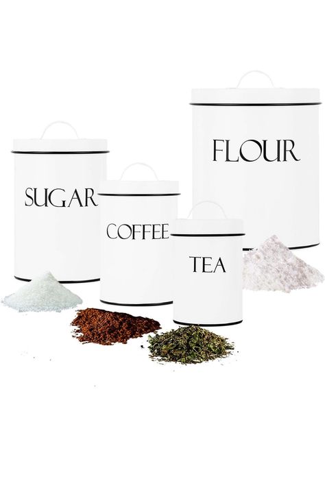 Organize your farmhouse kitchen decor as you wish. This set of 4 kitchen canisters can be used to store not just flour, sugar, coffee, cookies, salt, spices, and other fresh ingredients, but also non-food items. #ad Flour Canister Set, Canister Sets For Kitchen, Farmhouse Canister Set, White Canister Set, First Apartment Gift, Farmhouse Kitchen Canisters, Farmhouse Canisters, Vintage Kitchen Canisters, Large Storage Containers