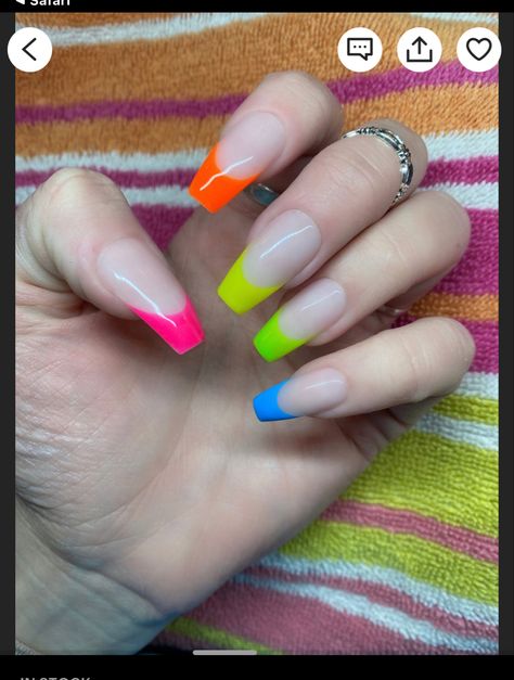 Neon Rainbow Nails French Tips, Colorful French Tip Nails Square, French Neon Nails, Neon Tip Nails, Neon French Tip Nails, Neon French Nails, Rainbow French Tip Nails, Press On Nails French Tip, Tip Manicure