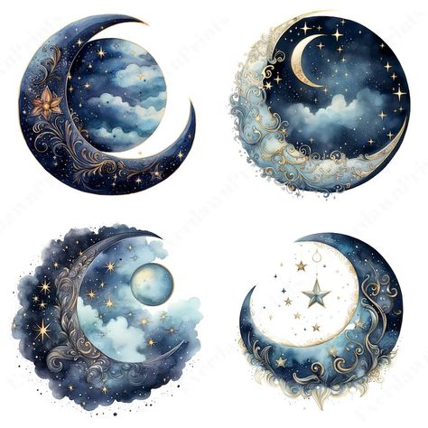 Dreamy Moons, Stars Clipart, Moon Stars Art, Planet Drawing, Star Clipart, Moons And Stars, Watercolor Prints, Bohemian Art, Cool Wallpapers Art