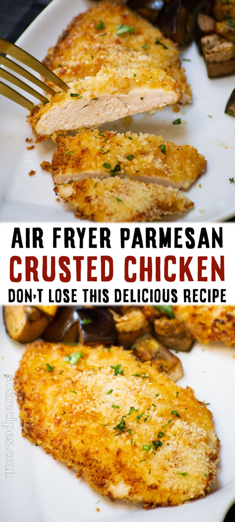 A perfect balance between tender on the inside and crunch on the outside, this recipe of parmesan crusted chicken with mayo made in the air fryer is quick and easy, it will only take you 15 minutes, and is all flavor. Mayo Air Fryer Chicken, Air Fryer Chicken With Mayo, Air Fryer Mayo Chicken, Air Fryer Parmesan Crusted Chicken With Mayo, Healthy Dinner Recipes For Family Easy Air Fryer, Mayo Parmesan Chicken Air Fryer, Parmesan Mayo Crusted Chicken, Easy Chicken Air Fryer Recipes, Parmesan Crusted Chicken Air Fryer