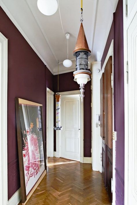 Plum. Eggplant. Aubergine. Whatever you want to call this deep, rich maroon-y purple, it's definitely having a moment — and we can't get enough of this bright and bold color. Aubergine Paint, Painted Hallway, Hall Colour, Purple Rooms, Interior Design Color, Green Interiors, Grey Bathrooms, Bold Color, Wall Color