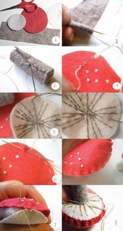 NANCY NICHOLSON: Tutorials for Christmas No.5 ... Toadstool Felt Mushroom Pattern, Felt Toadstool, Toadstool Ornaments, Hantverk Diy, Felt Mushroom, Mushroom Crafts, Felt Food, Creation Couture, Felt Projects