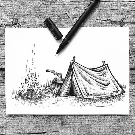 Beautiful camping scene from @wildwither - lovely work!! Please use #blackworkillustrations for your chance of a feature! #tent #camp… Drawing Images Pencil, Cosy Tent, Easy Pencil Drawing, Micron Pen Art, Drawing Dragon, Landscape Pencil Drawings, Dotted Drawings, Fineliner Art, Pencil Drawing Images