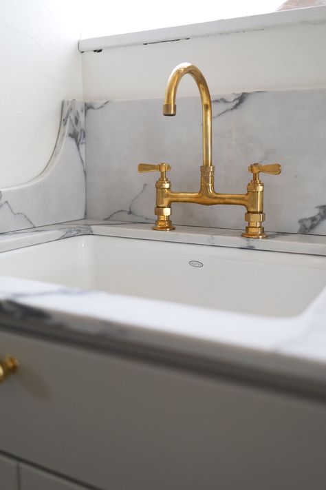 Butler Pantry Sink Ideas, Brass Faucets Bathroom, Brass Sink Faucet Bathroom, Unlacquered Brass Bathroom Faucet, Unlacquered Brass Bathroom, Brass Bridge Faucet, Unlacquered Brass Kitchen Faucet, Unlacquered Brass Faucet, The Grit And Polish