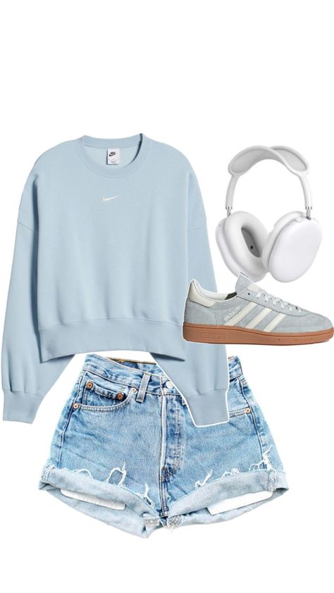 Baby blue outfit fir summer. Jean shorts. Distressed denim. Adidas sambas. Light blue adidas sambas outfit. Nike sweatshirt outfit. Nike Sweatshirt Outfit, Sambas Outfits, Sambas Outfit, Light Blue Adidas, Baby Blue Outfit, Summer Jean Shorts, Outfit Nike, Outfits Shorts, Samba Outfit