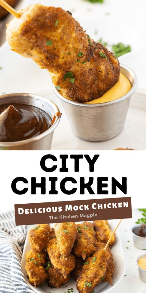 City Chicken Recipe (Mock Chicken Legs) - The Kitchen Magpie City Chicken Recipe Baked, Mock Chicken Legs Recipe, Mock Chicken Recipe, Polish City Chicken Recipe, Food Cellar, City Chicken Recipe, Cozy Casseroles, Mock Chicken, City Chicken