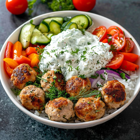 Greek Chicken Meatball Bowl with Tzatziki Sauce Greek Meatball Tzatziki Bowl, Chicken Meatballs Tzatziki, Healthy Food Ideas For Diabetics, Fitness Lunch Ideas, Greek Meatball Bowls Healthy, Chicken Meatballs Greek Bowl, Greek Bowl Lunch, Fitness Chicken Recipes, What To Eat With Tzatziki