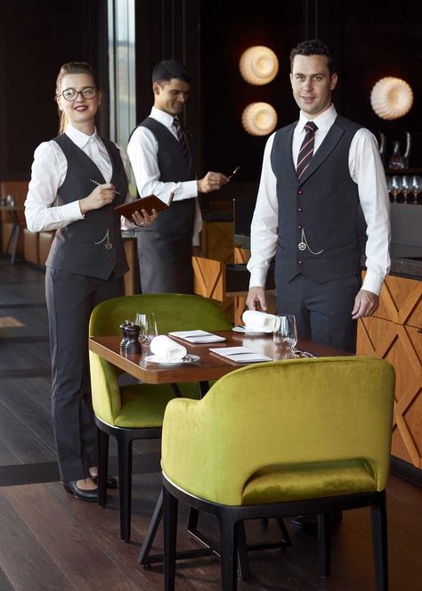 Waiter Uniform Design, Waiter Outfit, Restaurant Uniform, Cafe Uniform, High End Boutique, Waiter Uniform, Modern Restaurant Design, Restaurant Uniforms, Hotel Uniform