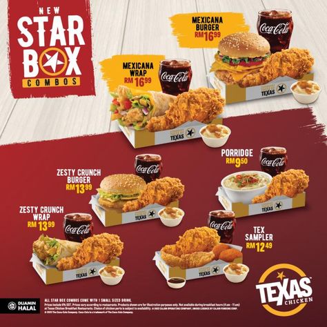 Texas Chicken Star Box Combos from 4 January 2022 onwards Japanese Food Menu, Texas Chicken, Chicken Pollo, Chicken Brands, Chicken Poster, Food Doctor, Chicken Menu, Diner Restaurant, Food Flyer