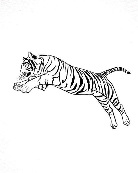 Tiger Jumping Tattoo, Jumping Tiger Tattoo, Line Work Tiger Tattoo, Fine Line Tiger Tattoo, Tiger Line Art, Tiger Outline, Traditional Tattoo Designs, Tiger Tattoo Design, Hand And Finger Tattoos