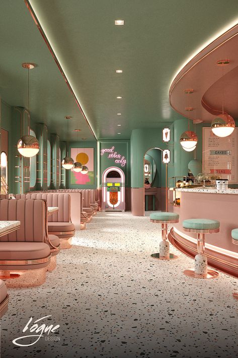 #colorful #interiordesign #interior #cafe #jukebox #Istanbul #jaddah #pink Girly Cafe Interior, Cozy Cafe Ideas, Blue Coffee Shop Aesthetic, Blue Cafe Design, Salon Interior Design Pink, Pastel Restaurant, Candy Shop Interior, Pink Cafe Interior, French Cafe Interior Design