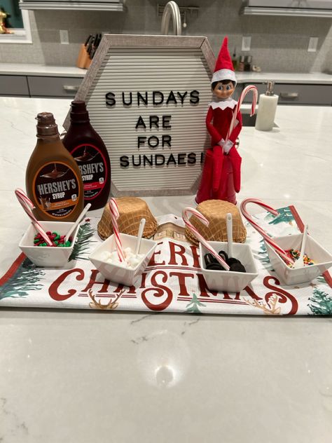 Elf on the shelf ideas Elf Sundays Are For Sundaes, Elf On Shelf Food Ideas, Sprinkles Elf On The Shelf, Elf On Shelf Fridge Ideas, Elf Ideas Candy Canes, Elf On Shelf Beach Ideas, Elf In The Shelf Arrival Ideas Easy, Preppy Elf On The Shelf Ideas, Elf On The Shelf Friday Ideas