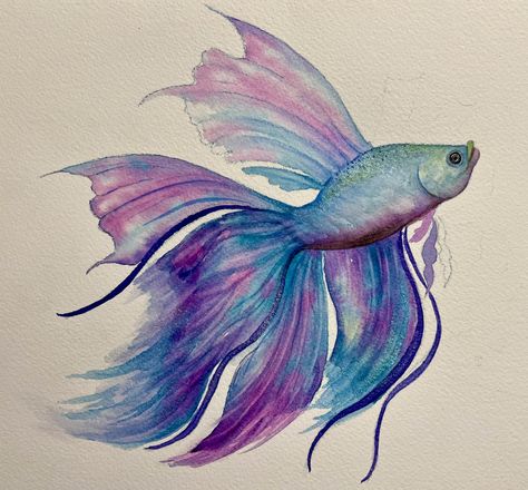 Rainbow Fish Painting, Watercolor Betta Fish, Watercolor Fish Painting Simple, Purple Fish Aesthetic, Watercolour Fish Easy, Betta Fish Watercolor, Watercolor Beta Fish, Watercolour Fish Paintings, Betta Fish Sketch