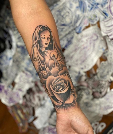 Sleeve Tattoos Virgin Mary, Lover And Fighter Tattoo, Feminine Virgin Mary Tattoo, Mexican Arm Tattoos For Women, Virgin Mary With Roses Tattoo, Gualupe Tattoo, La Virgencita Tattoo, Virgin Mary Tattoo For Women Arm, Hispanic Culture Tattoos