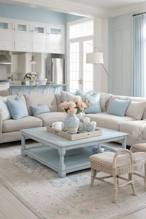 Light Blue Couch Living Room, Light Blue Couch, Light Blue Couches, Light Blue Living Room, Blue Couch Living Room, Pastel Living Room, Soft Living, Living Room Ideas Modern, Beach House Living Room