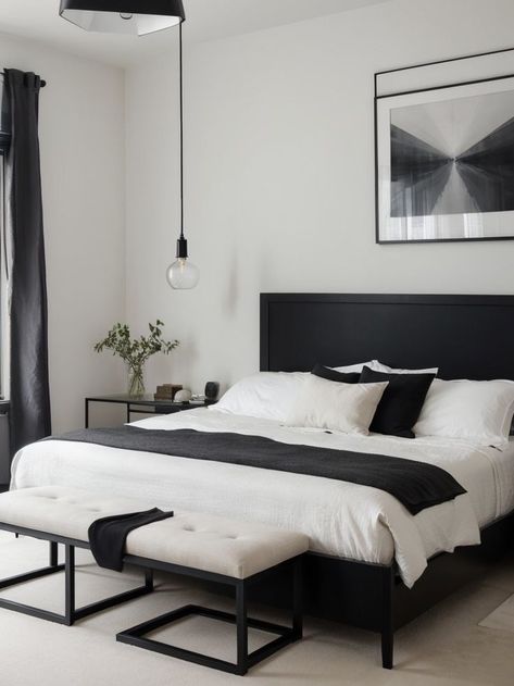 Create a sophisticated and masculine look in your bedroom by hanging an oversized abstract painting or a collection of framed black and white photographs above your bed. Pair this with a sleek and minimalist platform bed and finish off with industrial-style pendant lights for a modern touch. Minimalist Platform Bed, Modern Masculine Bedroom, Black Bed Frame, Black Bed, Masculine Bedroom, Black And White Photographs, Platform Bed, Pendant Lights, Abstract Painting